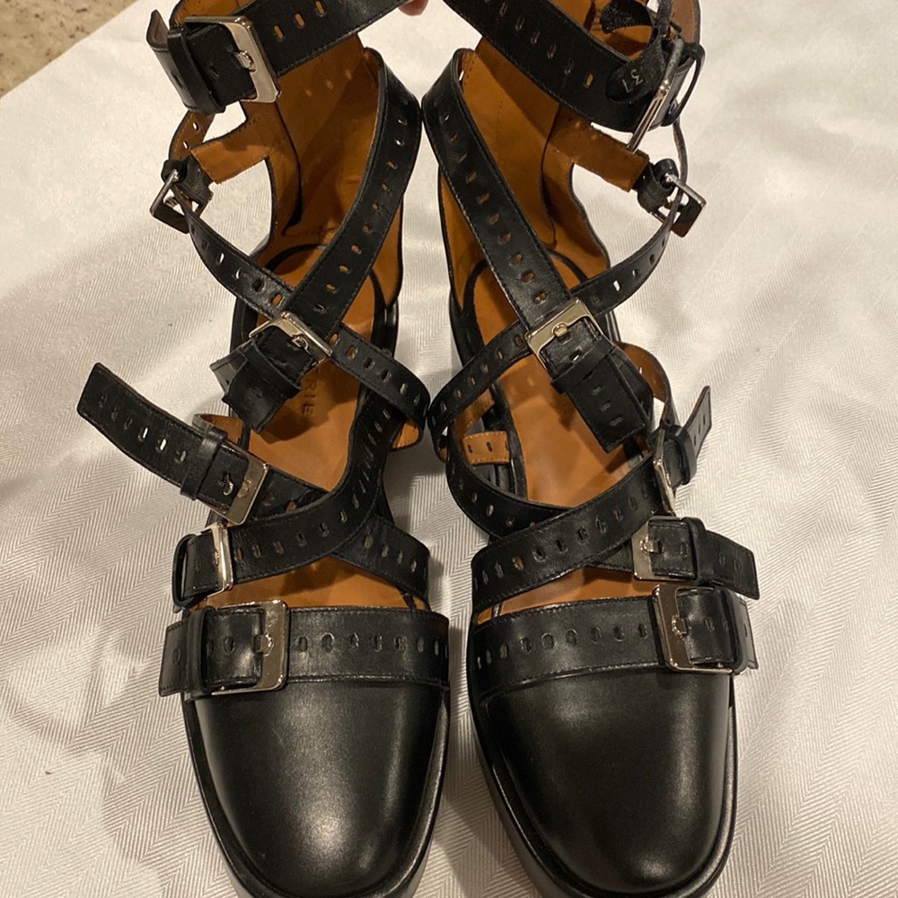 CLERGERIE Paris, Size-7 Black multi strap buckles with zipper back closure